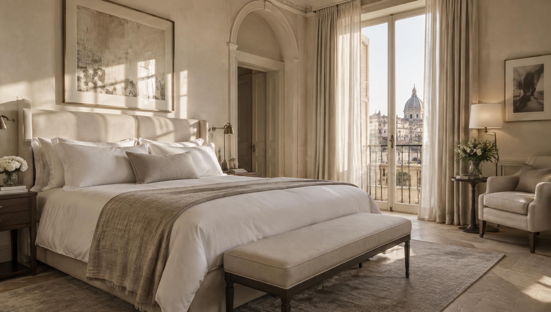 Suite d'hotel con biancheria bianca